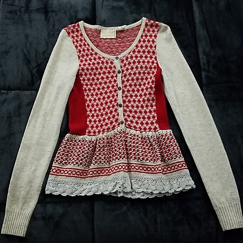 Anthropologie Red and Cream Layered Cardigan